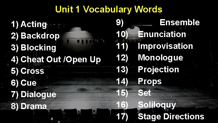 Unit 1 Vocabulary Words 1) Acting 2) Backdrop 3) Blocking 4) Cheat Out /Open