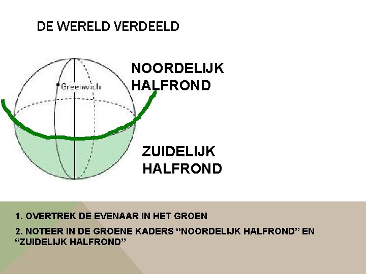 DE WERELD VERDEELD NOORDELIJK HALFROND ZUIDELIJK HALFROND 1. OVERTREK DE EVENAAR IN HET GROEN