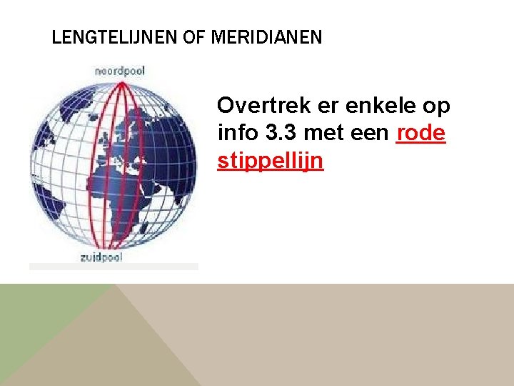 LENGTELIJNEN OF MERIDIANEN Overtrek er enkele op info 3. 3 met een rode stippellijn
