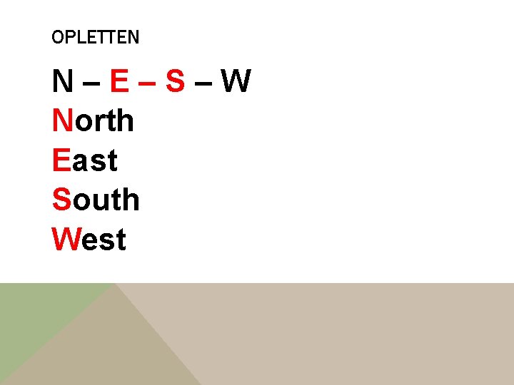 OPLETTEN N–E–S–W North East South West 