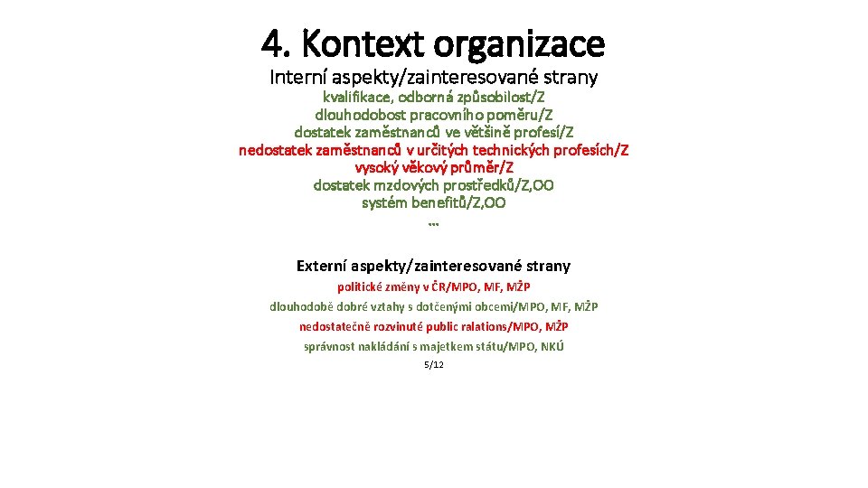 4. Kontext organizace Interní aspekty/zainteresované strany kvalifikace, odborná způsobilost/Z dlouhodobost pracovního poměru/Z dostatek zaměstnanců