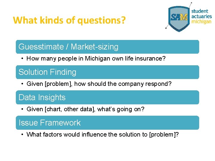 What kinds of questions? Guesstimate / Market-sizing • How many people in Michigan own