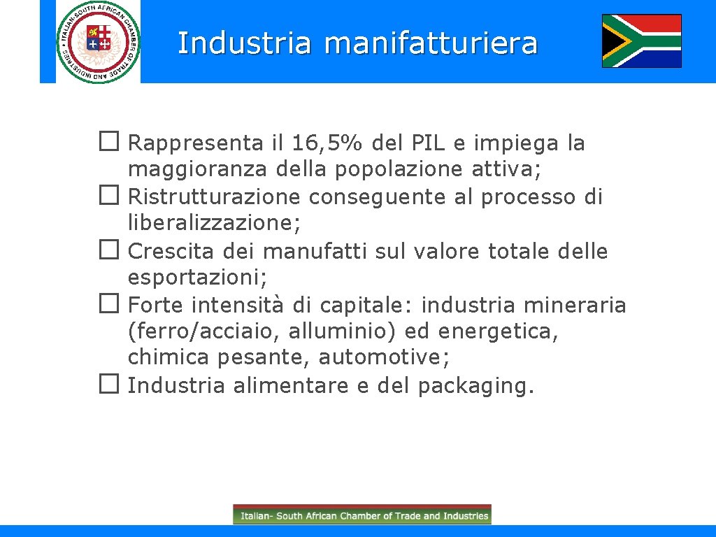 Industria manifatturiera � Rappresenta il 16, 5% del PIL e impiega la maggioranza della