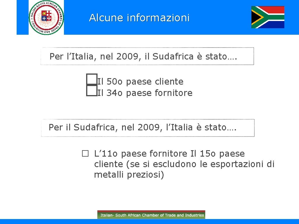 Alcune informazioni Per l’Italia, nel 2009, il Sudafrica è stato…. �Il 50 o paese