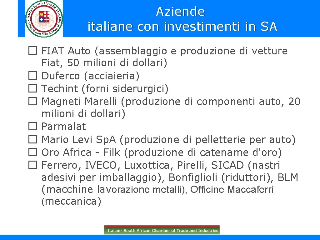 Aziende italiane con investimenti in SA � FIAT Auto (assemblaggio e produzione di vetture