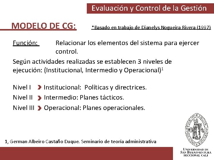 Evaluación y Control de la Gestión MODELO DE CG: *Basado en trabajo de Dianelys