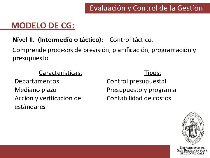 Evaluación y Control de la Gestión MODELO DE CG: Nivel II. (Intermedio o táctico):