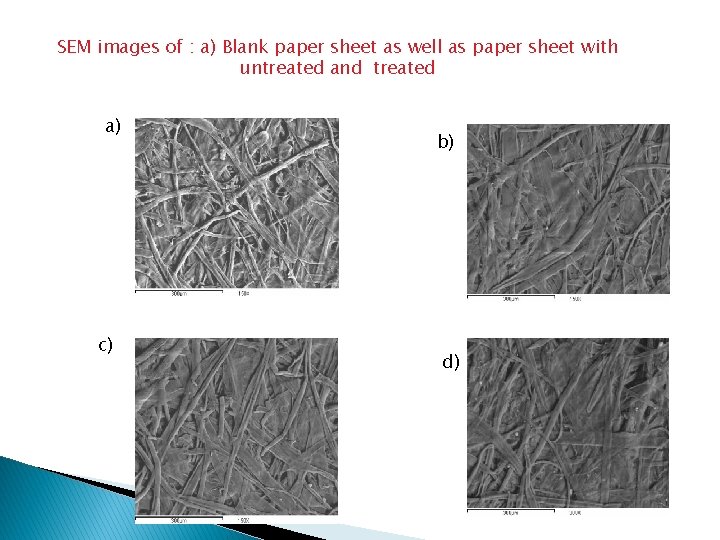 SEM images of : a) Blank paper sheet as well as paper sheet with