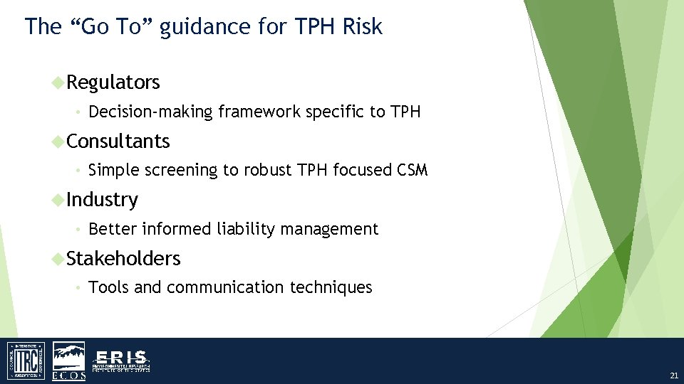 The “Go To” guidance for TPH Risk Regulators • Decision-making framework specific to TPH