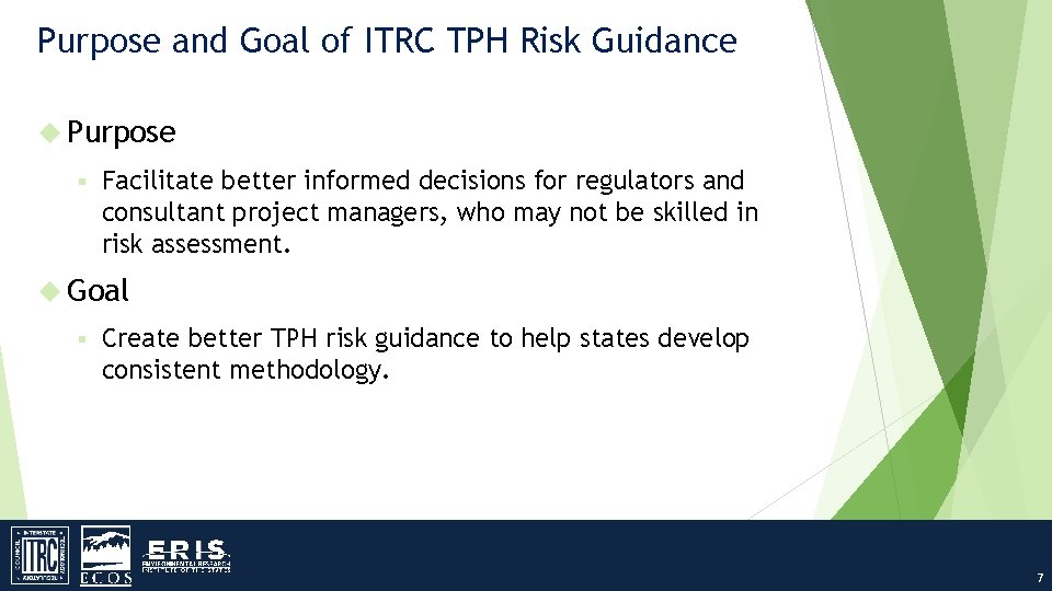 Purpose and Goal of ITRC TPH Risk Guidance Purpose § Facilitate better informed decisions