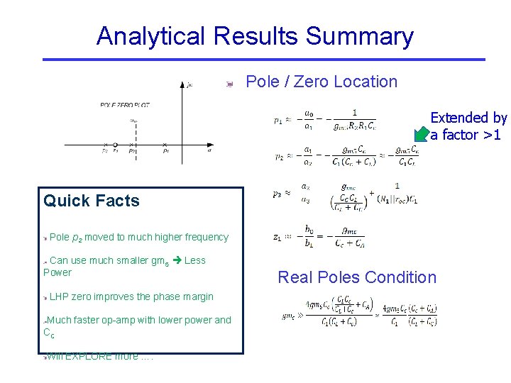 Analytical Results Summary Pole / Zero Location Extended by a factor >1 Quick Facts Analytical Results Summary Pole / Zero Location Extended by a factor >1 Quick Facts