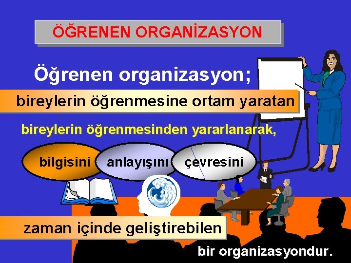 ÖĞRENEN ORGANİZASYON Öğrenen organizasyon; bireylerin öğrenmesine ortam yaratan bireylerin öğrenmesinden yararlanarak, bilgisini anlayışını çevresini