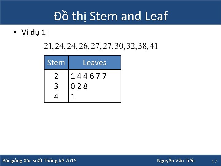 Đồ thị Stem and Leaf • Ví dụ 1: Stem 2 3 4 Leaves