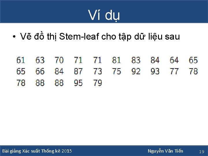 Ví dụ • Vẽ đồ thị Stem-leaf cho tập dữ liệu sau Bài giảng Ví dụ • Vẽ đồ thị Stem-leaf cho tập dữ liệu sau Bài giảng