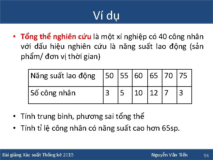 Ví dụ • Tổng thể nghiên cứu là một xí nghiệp có 40 công