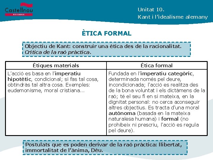 Unitat 10. Kant i l’idealisme alemany ÈTICA FORMAL Objectiu de Kant: construir una ètica