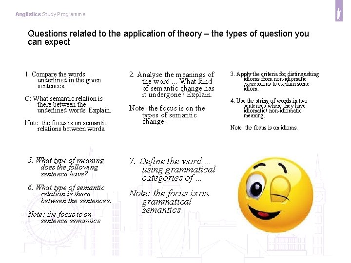Anglistics Study Programme Questions related to the application of theory – the types of