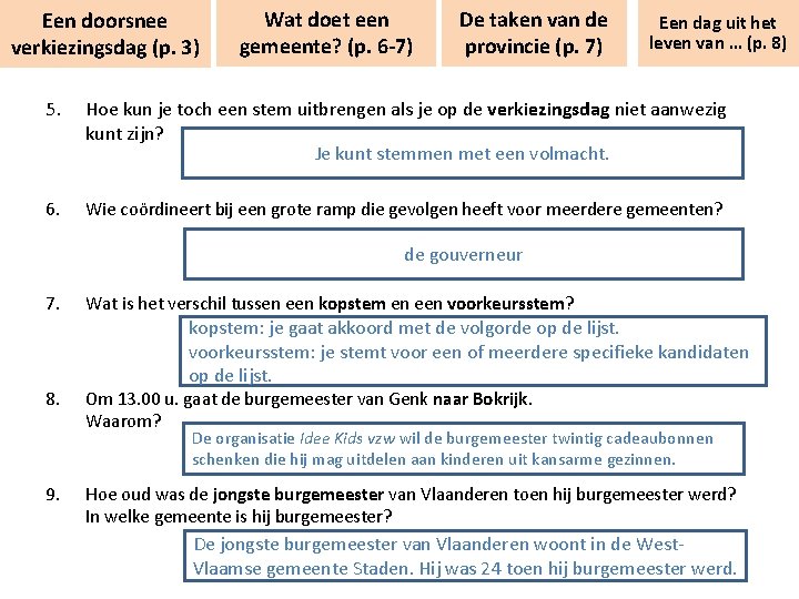 Een doorsnee verkiezingsdag (p. 3) Wat doet een gemeente? (p. 6 -7) De taken