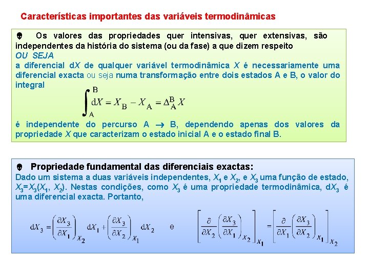 Características importantes das variáveis termodinâmicas Os valores das propriedades quer intensivas, quer extensivas, são