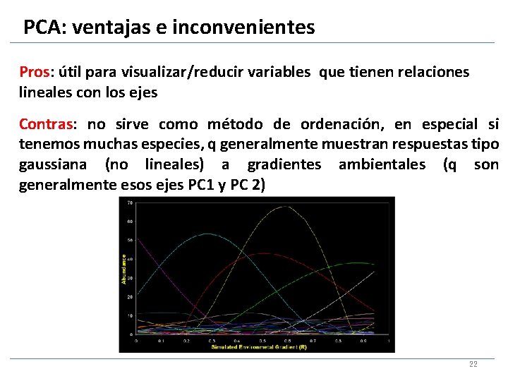 PCA: ventajas e inconvenientes Pros: útil para visualizar/reducir variables que tienen relaciones lineales con