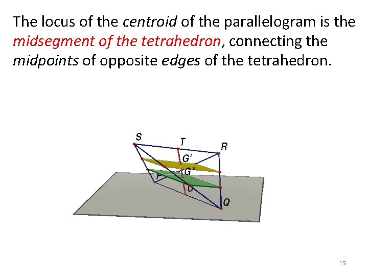 The locus of the centroid of the parallelogram is the midsegment of the tetrahedron, The locus of the centroid of the parallelogram is the midsegment of the tetrahedron,