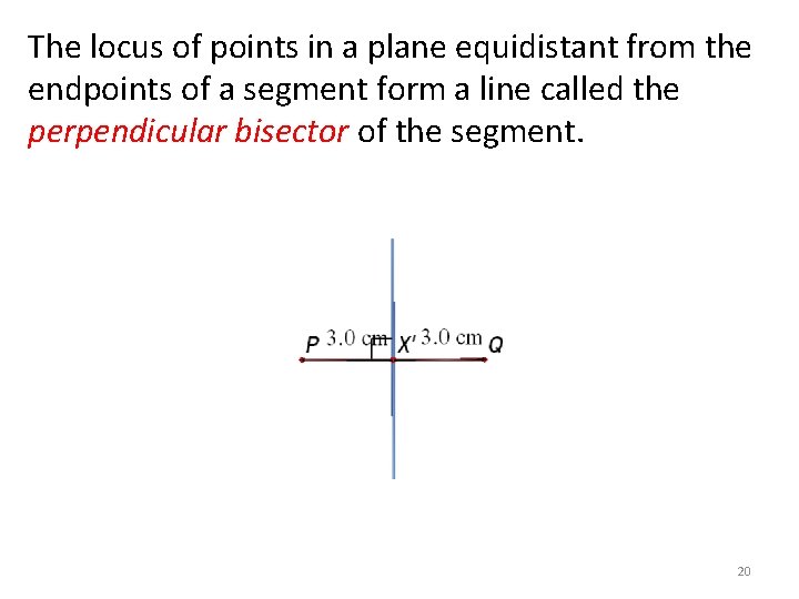 The locus of points in a plane equidistant from the endpoints of a segment The locus of points in a plane equidistant from the endpoints of a segment