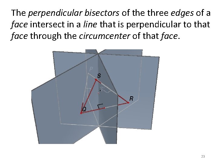 The perpendicular bisectors of the three edges of a face intersect in a line The perpendicular bisectors of the three edges of a face intersect in a line