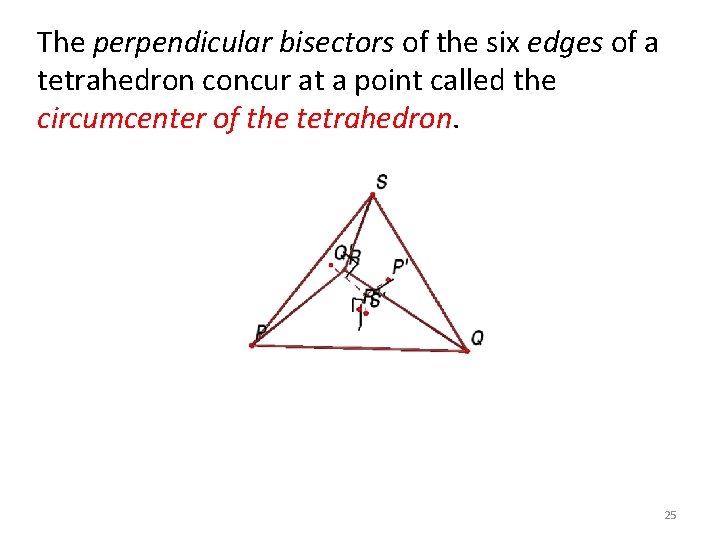 The perpendicular bisectors of the six edges of a tetrahedron concur at a point The perpendicular bisectors of the six edges of a tetrahedron concur at a point