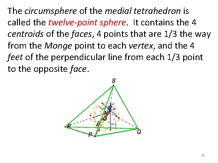 The circumsphere of the medial tetrahedron is called the twelve-point sphere. It contains the The circumsphere of the medial tetrahedron is called the twelve-point sphere. It contains the