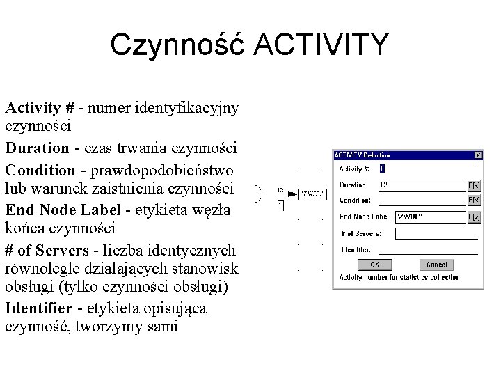 Czynność ACTIVITY Activity # - numer identyfikacyjny czynności Duration - czas trwania czynności Condition