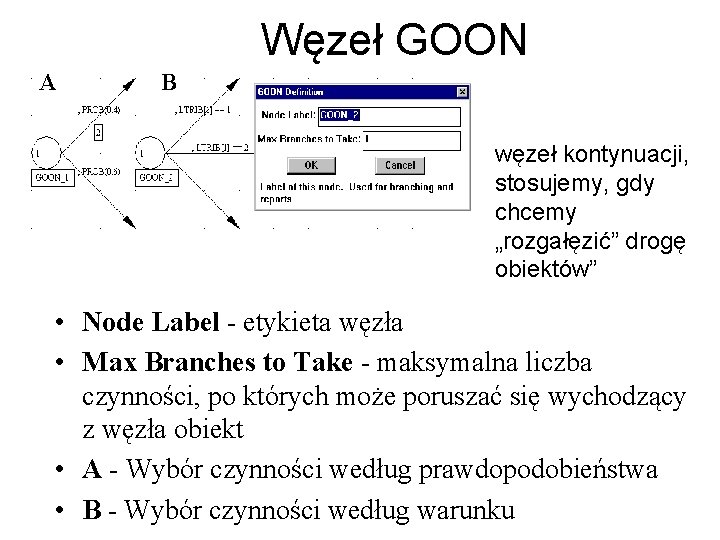 Węzeł GOON A B węzeł kontynuacji, stosujemy, gdy chcemy „rozgałęzić” drogę obiektów” • Node