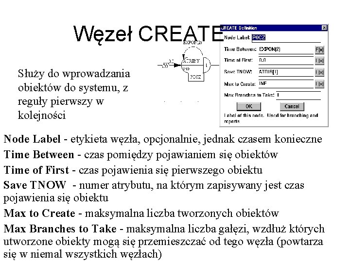 Węzeł CREATE Służy do wprowadzania obiektów do systemu, z reguły pierwszy w kolejności Node