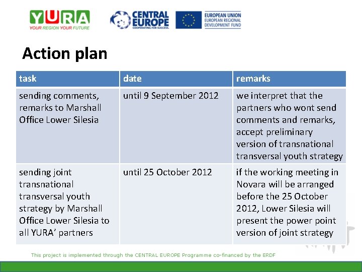 Action plan task date remarks sending comments, remarks to Marshall Office Lower Silesia until