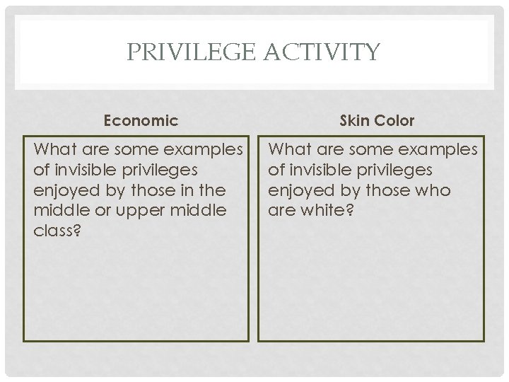 PRIVILEGE ACTIVITY Economic Skin Color What are some examples of invisible privileges enjoyed by