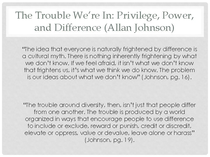 The Trouble We’re In: Privilege, Power, and Difference (Allan Johnson) “The idea that everyone
