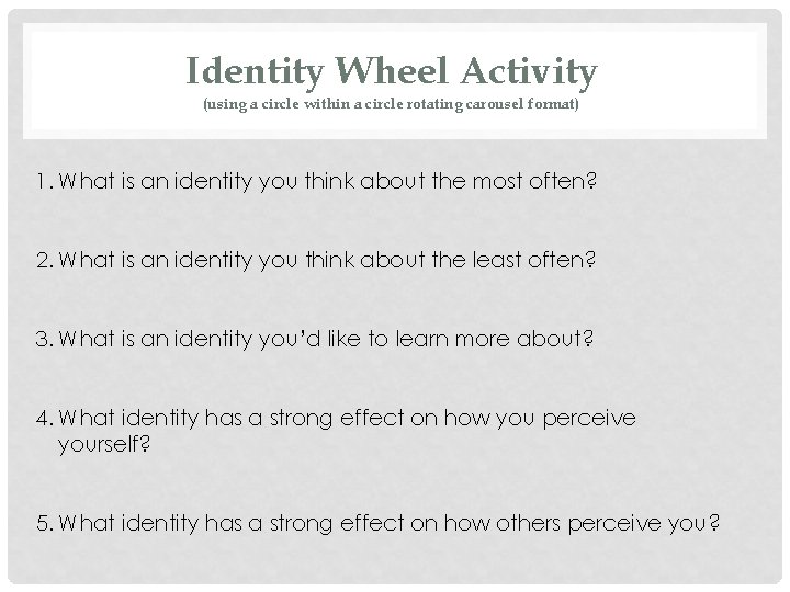 Identity Wheel Activity (using a circle within a circle rotating carousel format) 1. What
