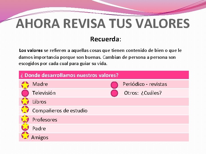 AHORA REVISA TUS VALORES Recuerda: Los valores se refieren a aquellas cosas que tienen