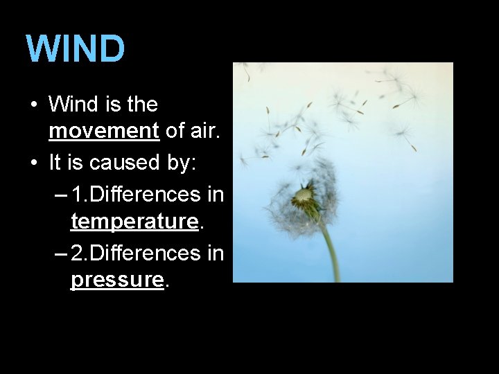 WIND • Wind is the movement of air. • It is caused by: –