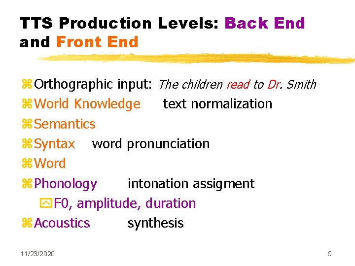 TTS Production Levels: Back End and Front End z. Orthographic input: The children read TTS Production Levels: Back End and Front End z. Orthographic input: The children read