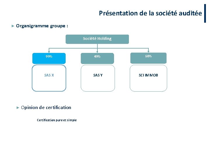 Présentation de la société auditée ► Organigramme groupe : Société Holding ► 99% 49%