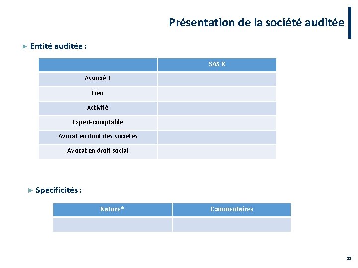 Présentation de la société auditée ► Entité auditée : SAS X Associé 1 Lieu