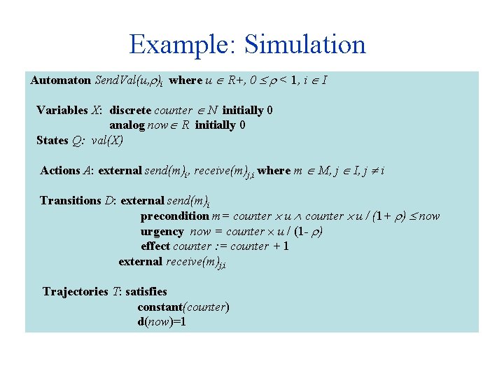 Example: Simulation Automaton Send. Val(u, )i where u R+, 0 < 1, i I