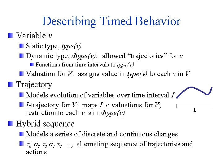 Describing Timed Behavior Variable v Static type, type(v) Dynamic type, dtype(v): allowed “trajectories” for