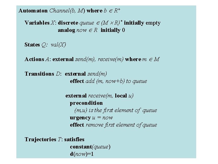 Automaton Channel(b, M) where b R+ Variables X: discrete queue (M R)* initially empty