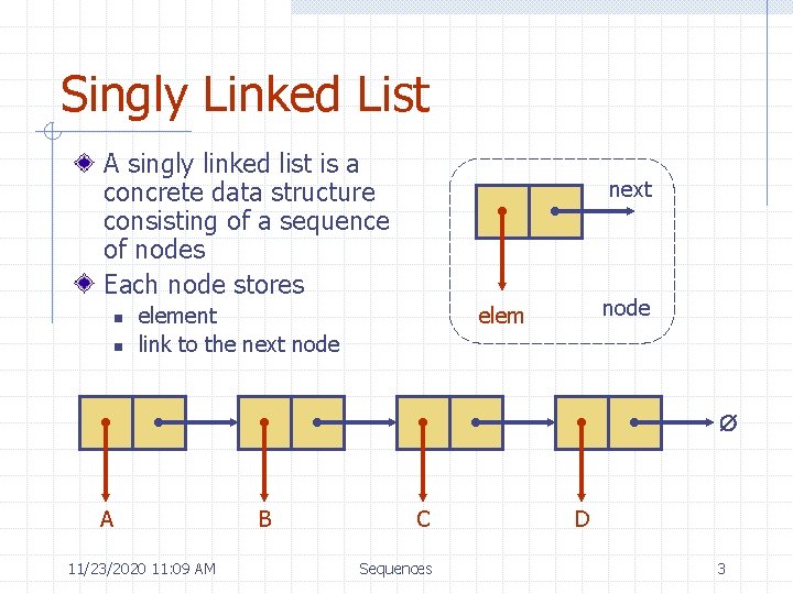 Singly Linked List A singly linked list is a concrete data structure consisting of