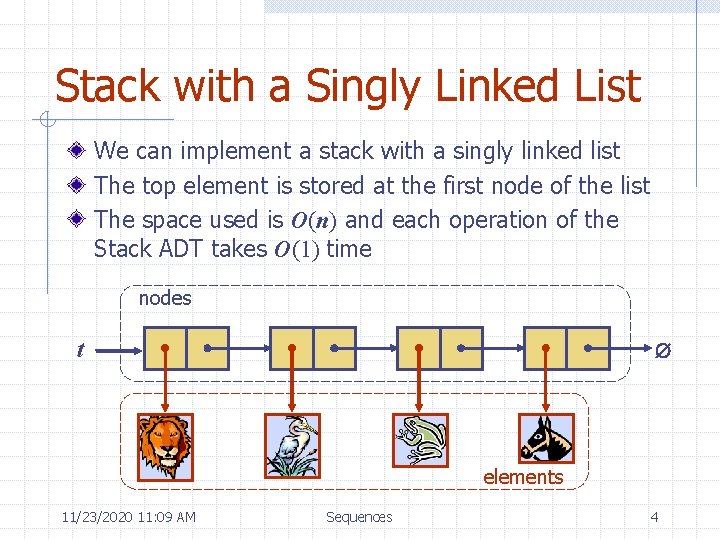 Stack with a Singly Linked List We can implement a stack with a singly