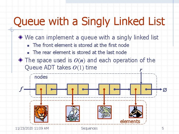 Queue with a Singly Linked List We can implement a queue with a singly