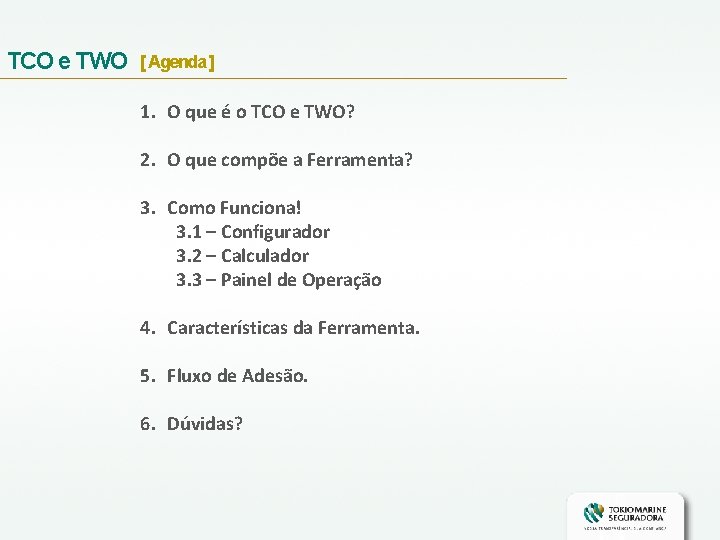 TCO e TWO [ Agenda ] 1. O que é o TCO e TWO?