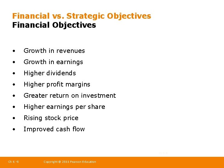 Financial vs. Strategic Objectives Financial Objectives • Growth in revenues • Growth in earnings