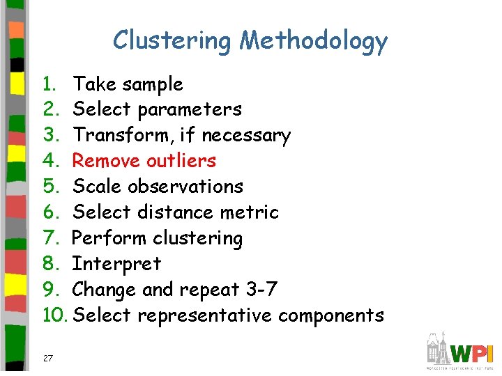 Clustering Methodology 1. Take sample 2. Select parameters 3. Transform, if necessary 4. Remove